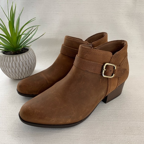 Clarks Shoes - Clarks Adreena Dark Tan Nubuck Leather Mid Stacked Heel Booties Woman’s 9.5M